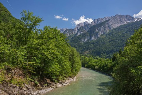 The Lammer creek is flowing fast through the Lammerklamm on a sunny hiking day. Blue sky, green