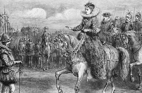 Queen Elizabeth I of England delivers her speech to the troops at Tilbury in Essex in defence