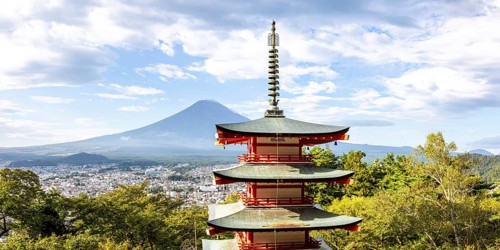 View of Mount Fuji with Chureito Pagoda in Arakurayama Sengen Park Panorama in Shimoyoshida, Japan
