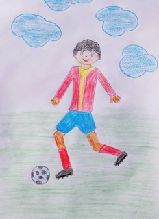 Naive illustration, soccer player running with ball, soccer field