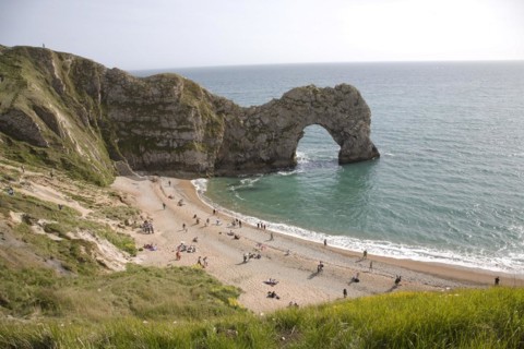 Famous natural coastal arch of Durdle Door on the Jurassic coast, Dorset, England, United Kingdom