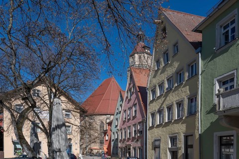 Historic house gables and the tower of St Andrew's Church, Weißenburg, Middle Franconia, Bavaria,