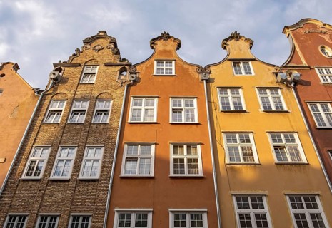 Close-up of facades of townhouses on Piwna street, Gdansk, Gdansk, Poland