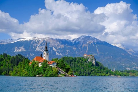 Blejski Otok island with St. Mary's Church, Bled, Lake Bled, Slovenia