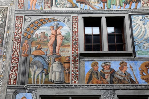 House facade with facade painting in the old town, Stein am Rhein, Canton Schaffhausen, Switzerland
