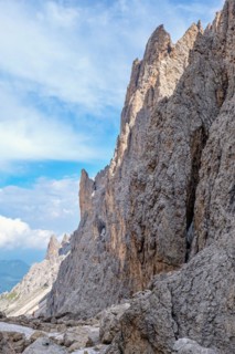 Rock face in a extreme rocky terrain in the Langkofel Group mountains in the dolomites mountains,