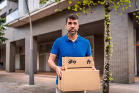 Serious mature male caucasian messenger carrying box while walking in city
