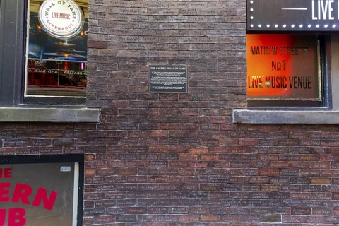 The Cavern Wall of Fame, Cavern Club, Mathew Street, city centre of Liverpool, Merseyside, England,
