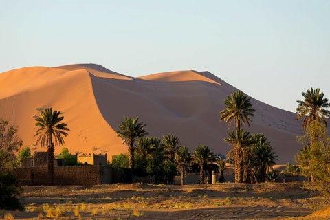 Sand dunes, sunrise, near Merzouga, Meknès-Tafilalet region, Erg Chebbi, northern Sahara, Morocco