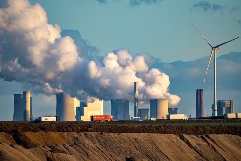 Garzweiler 2 opencast lignite mine, Neurath lignite-fired power plant, wind turbine, traffic on the