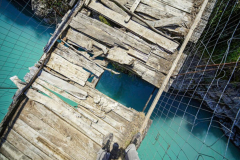 Broken bridge, valley of the Vjosa, the Vjosë is one of the few larger natural rivers in Europe,