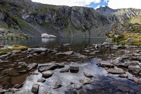Lake Sassolo, Lago di Sassolo, behind Ticino mountains, Sambuco valley, Vale Sambuco, near Fusio,