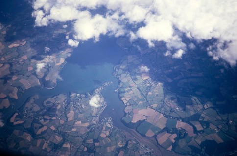 Portrait oblique aerial view of the tributaries in the Fal estuary, centred on Feock, Cornwall,