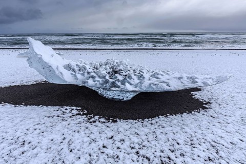 Ice floes on the beach, snowy, waves, sea, clouds, winter, Diamond Beach, Breidamerkursandur,