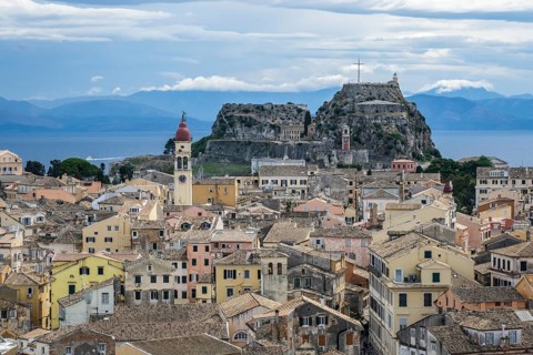Corfu Town, Corfu, Greece, City overview Corfu Town with the Greek Orthodox Church of Agios