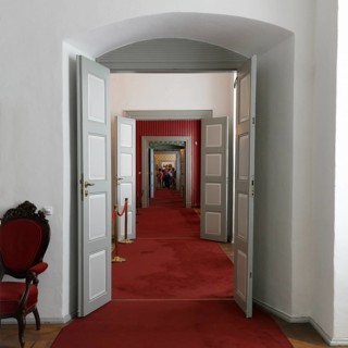Tour of the living quarters in the west wing, view through open doors, former abbey and Corvey