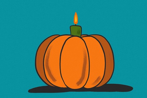 A charming Halloween illustration featuring a vibrant orange pumpkin with a candle on top, set
