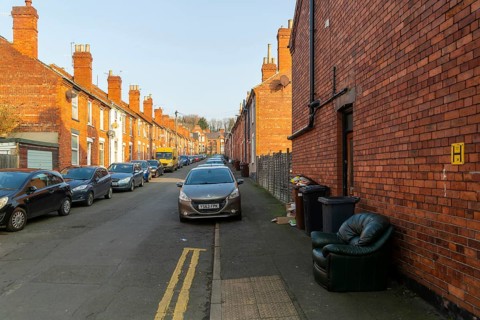 Victorian terraced housing with no front gardens, Grafton Street, inner city of Lincoln,