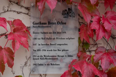 Information board at the former Roter Ochse inn, Nuremberg-Mögeldorf, Middle Franconia, Bavaria,