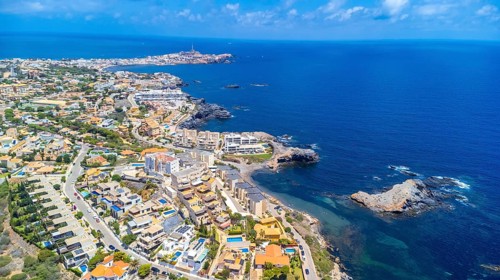 Drone aerial view of la manga del mar menor in cala reona in summer, alicante, spain, featuring the