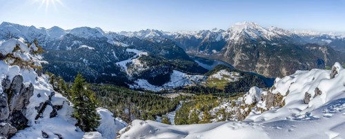 View of Königssee and Watzmann with snow in autumn, from the Jenner, Berchtesgaden National Park,