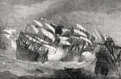 Sir Francis Drake attacking the Spanish Armada, 1588, From British Battles on Land and Sea, by