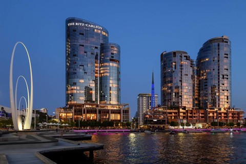 Skyline at Elisabeth Quay, blue hour, blue hour, harbour, Perth, State of Western Australia,