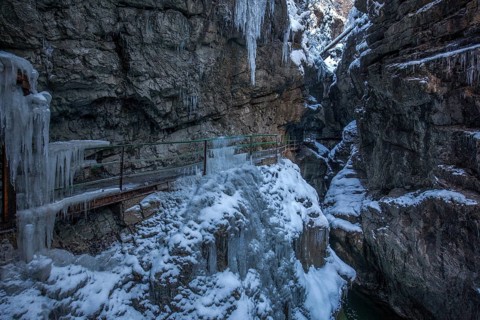 Winter, snowy landscape, icicles, river Breitach and hiking trail through the Breitachklamm gorge