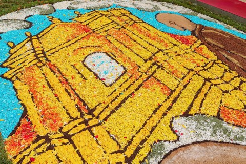 Decorations made with flowers, Noto Flower Festival, Noto, Noto Valley, Sicily, Italy