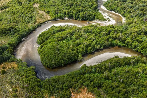 A meander of the Rio Bravo River, north of Villa O' Higgins, road X-91, aerial view, Patagonia,