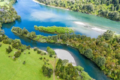 Aerial view of river Rio Palena between La Junta and Puerto Raul Marin Balmaceda, Patagonia, Chile