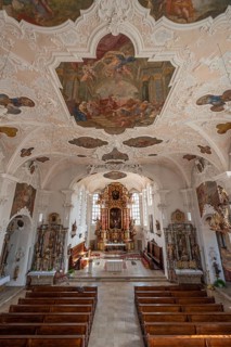 Interior with high altar of the parish church of St. John the Baptist, built in 1475 as a Gothic