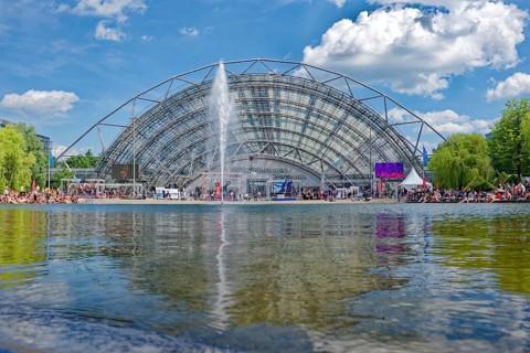 New Leipzig Trade Fair Centre, Leipzig Trade Fair, with glass entrance hall and water basin, trade