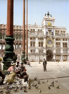 St Mark's Place and Clock, Venice, Italy, Historic, digitally restored reproduction from a 19th