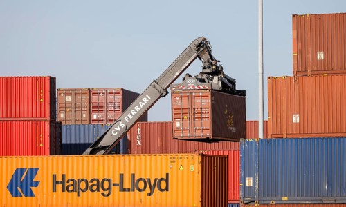 Krefeld, North Rhine-Westphalia, Germany - Hapag-Lloyd Container, the Rhine port of Krefeld is the