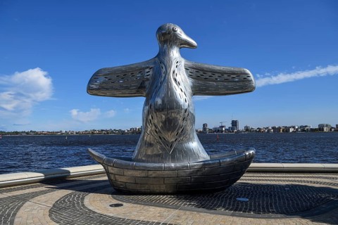 Aluminium sculpture First Contact by Laurel Nannup, Elisabeth Quay, Port, Perth, State of Western