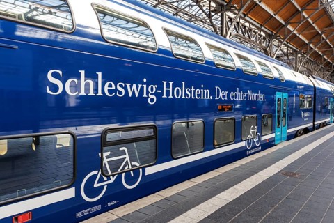 Stadler KISS regional train of Deutsche Bahn DB Regio at the main station in Lübeck, Germany
