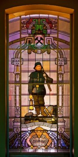Stained glass window in the pay hall of Heinrich Robert colliery, Ost colliery, Hamm, Ruhr area,