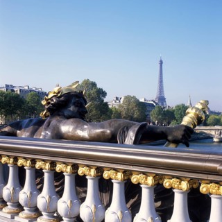 Pont Alexandre III and Eiffel Tower, Statue of the Nymphes de la Seine by Georges Recipon (1900),