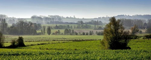 Rural landscape showing farmland at the Pays des Collines in the Flemish Ardennes, Hainaut, Belgium
