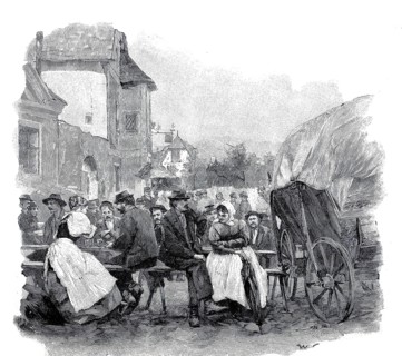 This picture shows a historical scene with people sitting and drinking in front of an inn, possibly
