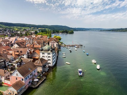 Aerial view of the municipality of Steckborn with the Turmhof and jetty on western Lake Constance,