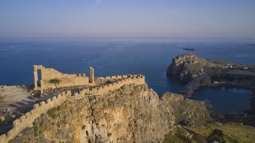 Drone shot, Acropolis of Lindos, Late afternoon light, Temple of Athena Lindia, Ruins of a large
