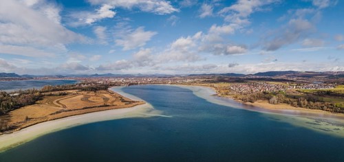 Aerial view, panorama of the Mettnau peninsula near Radolfzell am Lake Constance at low tide, the