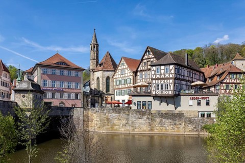 City view of Schwäbisch Hall. St. John's Church. Henkersbrücke over the Kocher. Schwäbisch Hall,