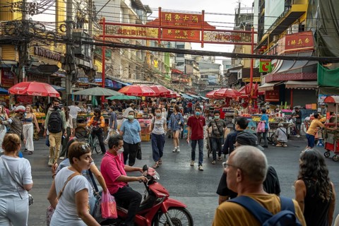 Busy street in Chinatown, Bangkok, Thailand