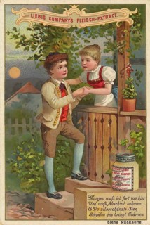 Picture series Children, Boy says goodbye to his girlfriend, Liebig picture, digitally restored
