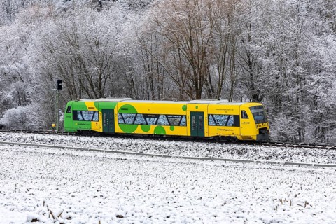 Regional railway train on the Strohgäubahn of the type Regio-Shuttle RS 1 in Münchingen, Germany