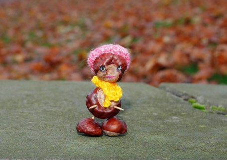 Funny chestnut figure with cap and yellow scarf on a wall, North Rhine-Westphalia, Germany