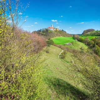 View of hilly landscape with green meadows and forests in spring, hiking trails lead to